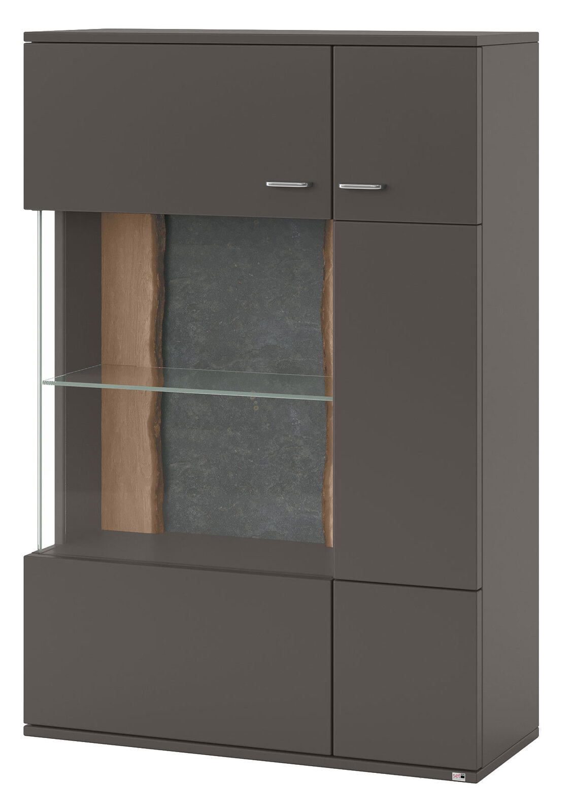 Modernes Highboard in dunklem Grau mit Glasregal und Holz- und Steinelementen, Frontalansicht