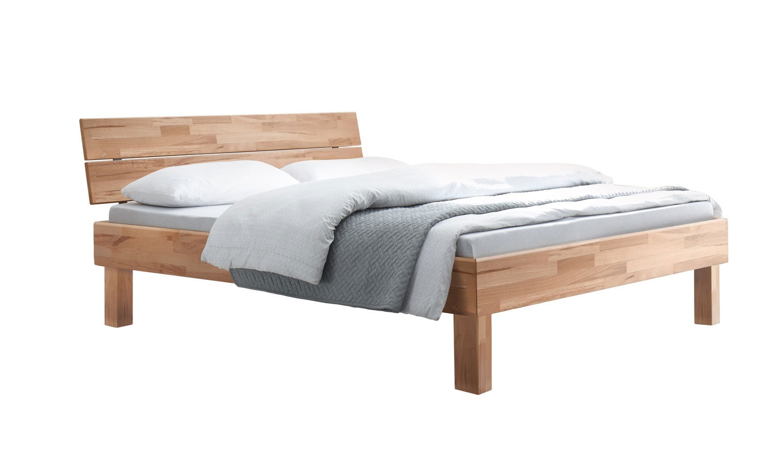 Holzbettgestell Primeto 25 in Seitenansicht mit Kopfteil und Bettwäsche