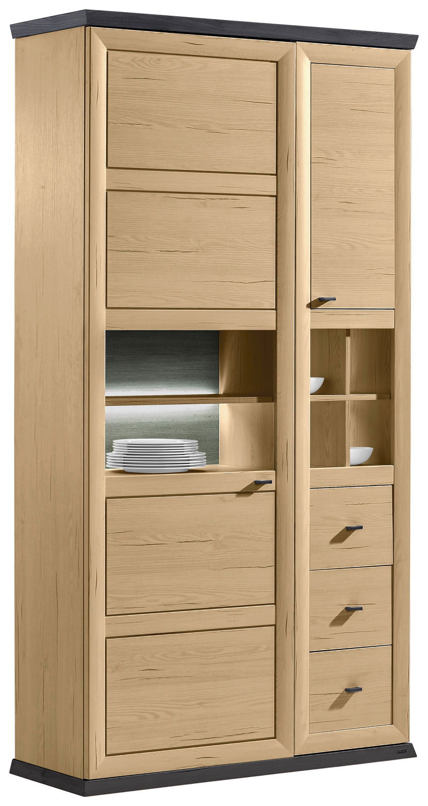 Hom´in Vitrine BENTON Vitrine aus hellem Holz mit mehreren Schubladen und offenen Fächern, frontal betrachtet