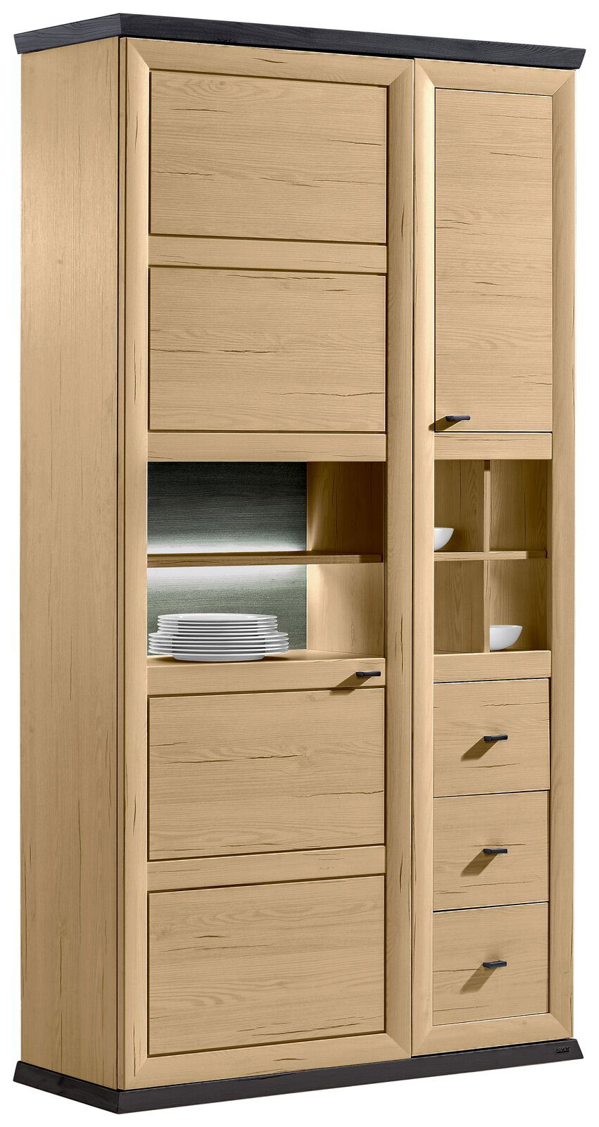 Vitrine aus hellem Holz mit mehreren Schubladen und offenen Fächern, frontal betrachtet