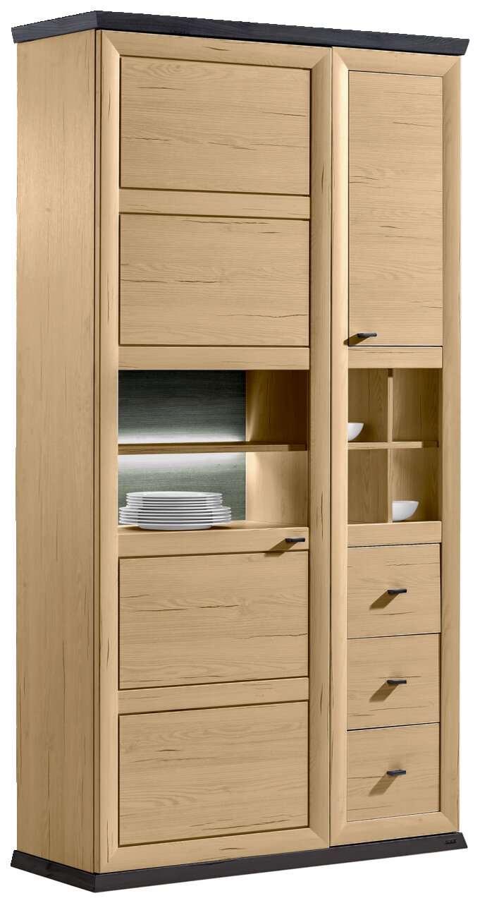 Hom´in Vitrine BENTON Vitrine van licht hout met meerdere lades en open vakken, gezien vanaf de voorkant