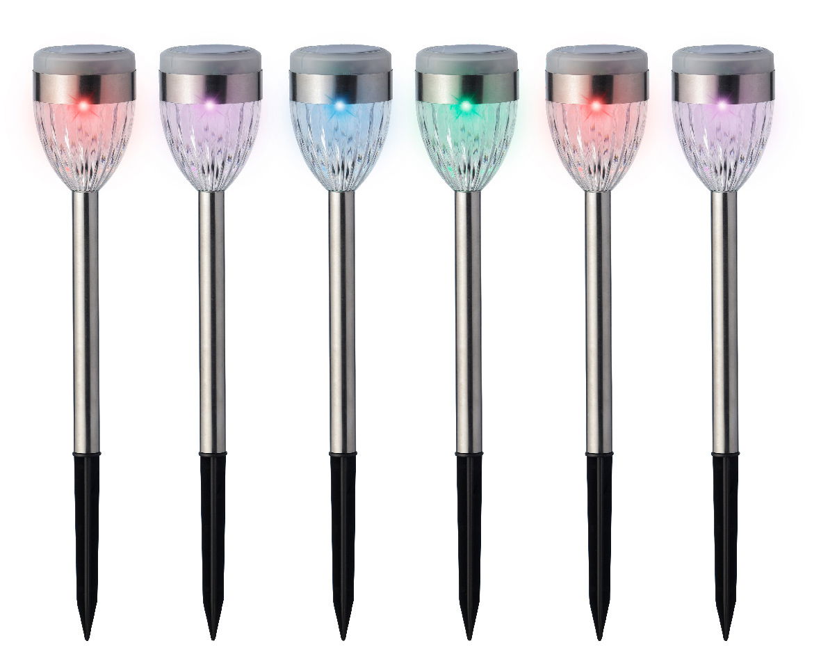 Sechs Solar Stabbeleuchten in verschiedenen Farben, von vorne betrachtet.