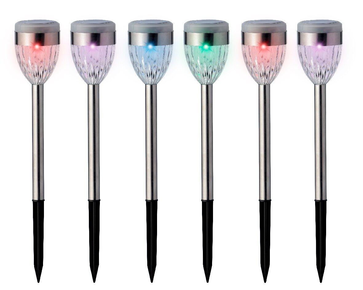 Sechs Solar Stabbeleuchten in verschiedenen Farben, von vorne betrachtet.