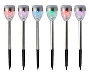 Sechs Solar Stabbeleuchten in verschiedenen Farben, von vorne betrachtet.