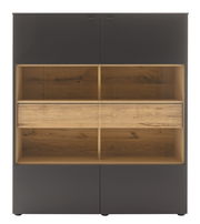 Frontansicht eines modernen Highboards mit dunkler Oberfläche und Holzelementen, bestehend aus mehreren Fächern und Schubladen.