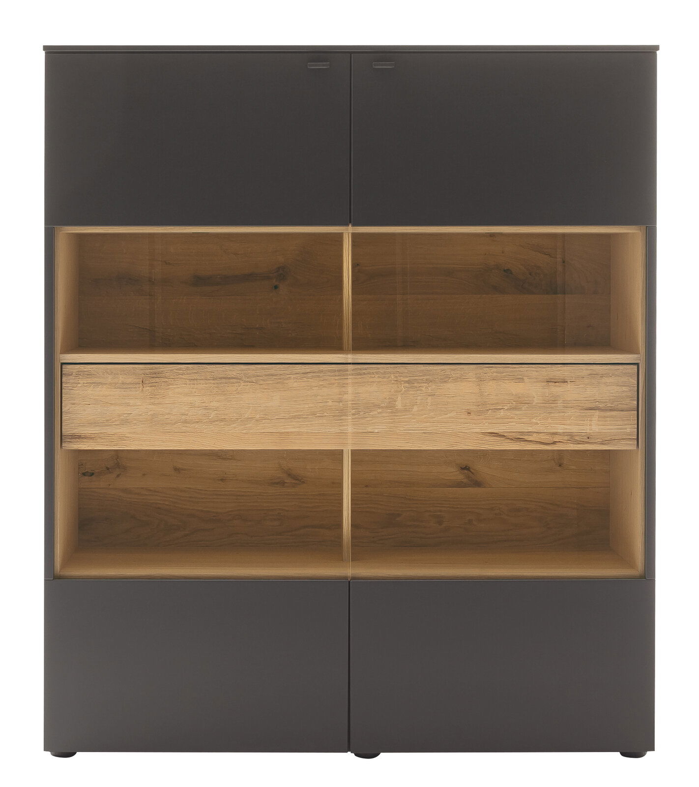 Frontansicht eines modernen Highboards mit dunkler Oberfläche und Holzelementen, bestehend aus mehreren Fächern und Schubladen.