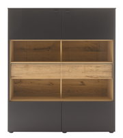 Frontansicht eines modernen Highboards mit dunkler Oberfläche und Holzelementen, bestehend aus mehreren Fächern und Schubladen.
