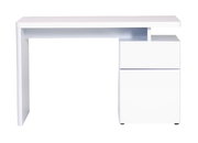 Moderner weißer Schreibtisch mit Schubladen, seitliche Perspektive