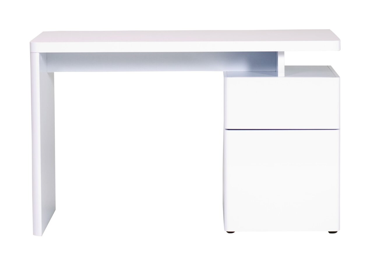 Moderner weißer Schreibtisch mit Schubladen, seitliche Perspektive