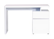 Moderner weißer Schreibtisch mit Schubladen, seitliche Perspektive