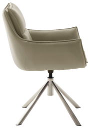 Moderner Sessel in Seitenansicht mit beigem Lederbezug und Metallgestell.