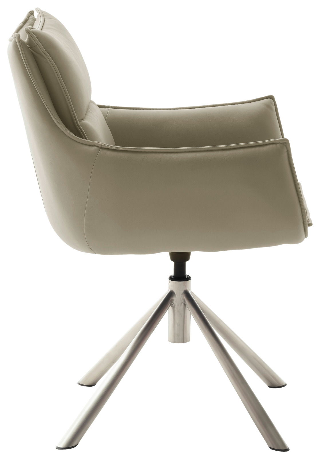 Moderner Sessel in Seitenansicht mit beigem Lederbezug und Metallgestell.