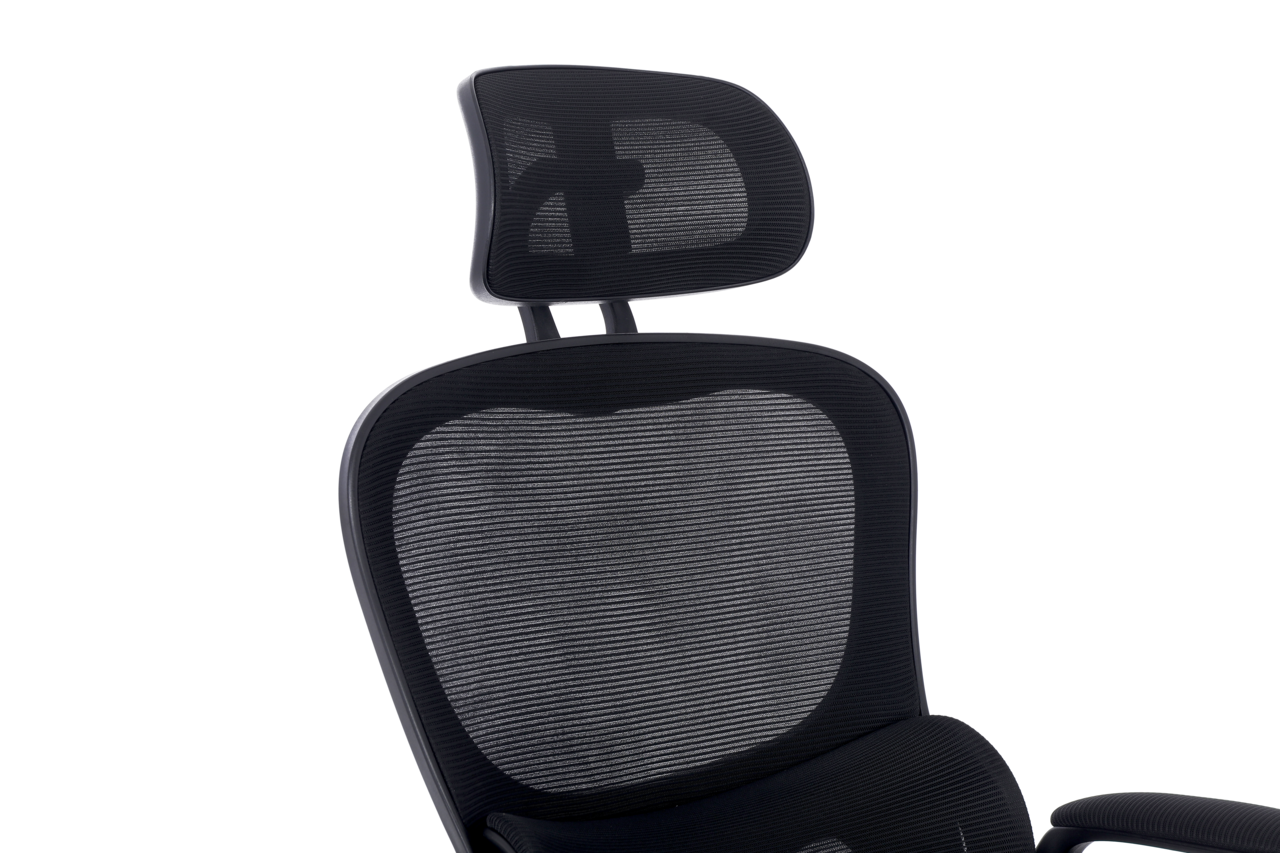 Ergonomischer Drehstuhl mit Netzrückenlehne und Kopfstütze, seitliche Perspektive