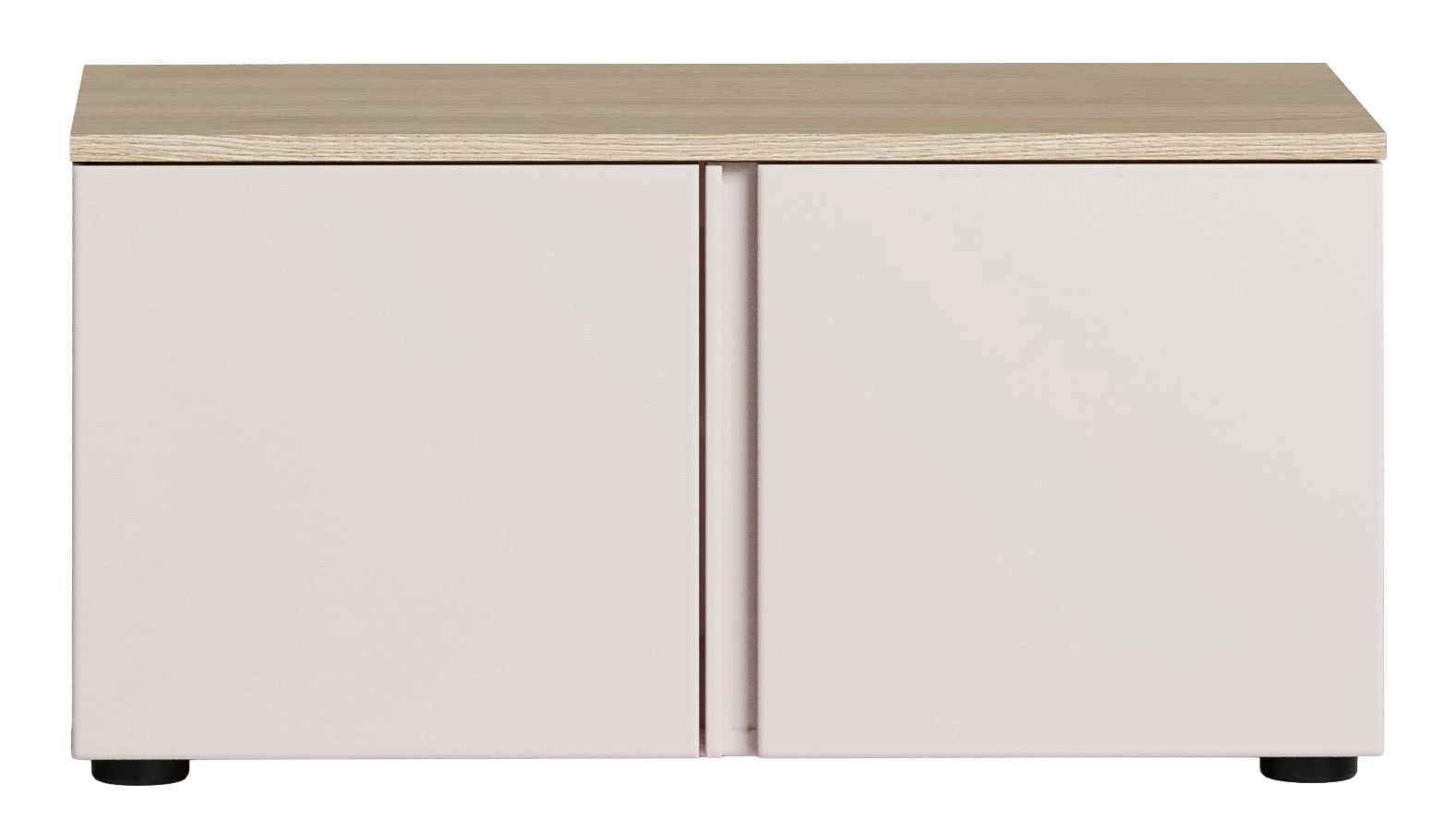 Moderne Bank mit hellem Holzdeckel und zwei weißen Türen, Frontalansicht