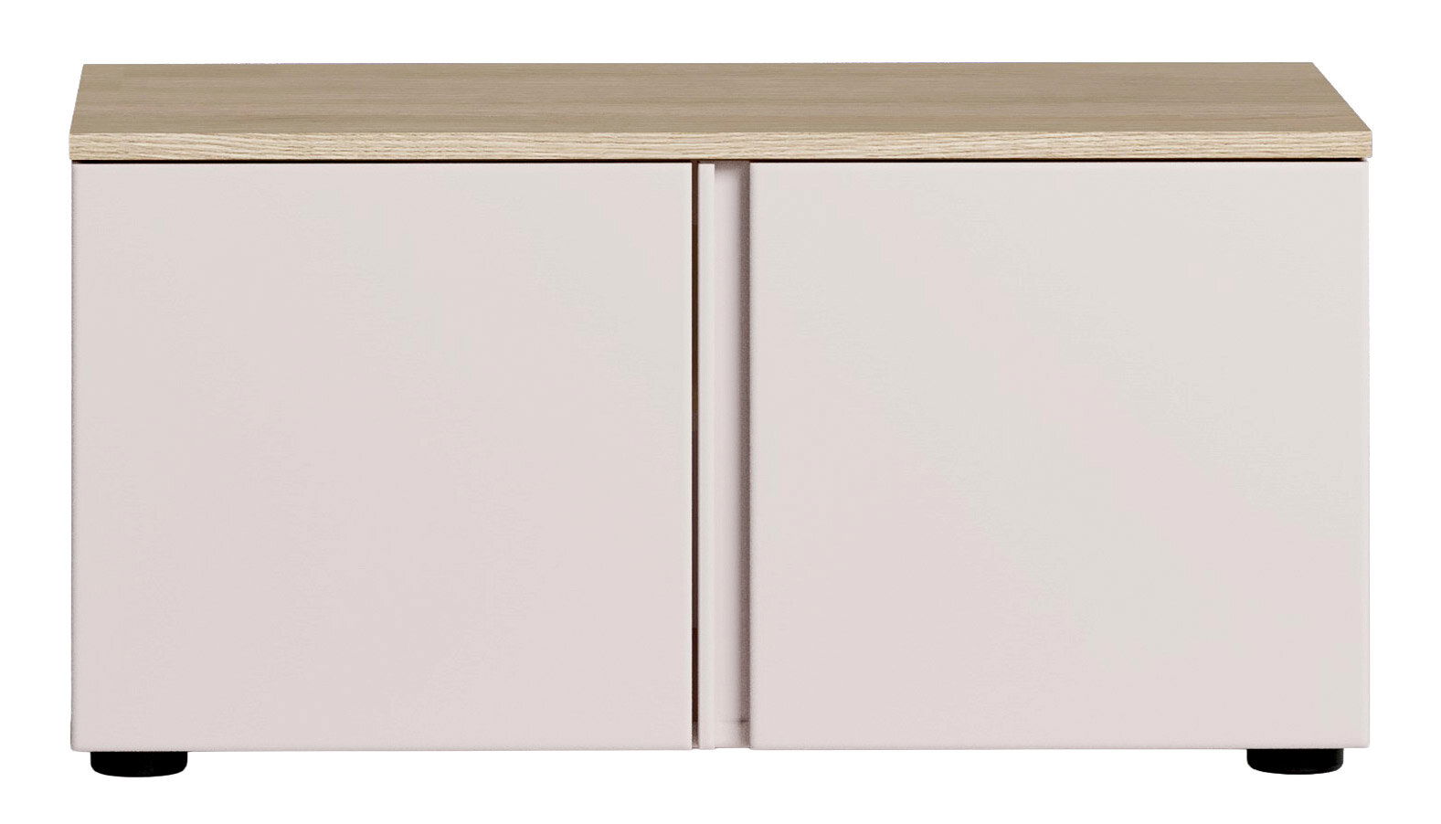 Moderne Bank mit hellem Holzdeckel und zwei weißen Türen, Frontalansicht