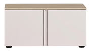 Moderne Bank mit hellem Holzdeckel und zwei weißen Türen, Frontalansicht