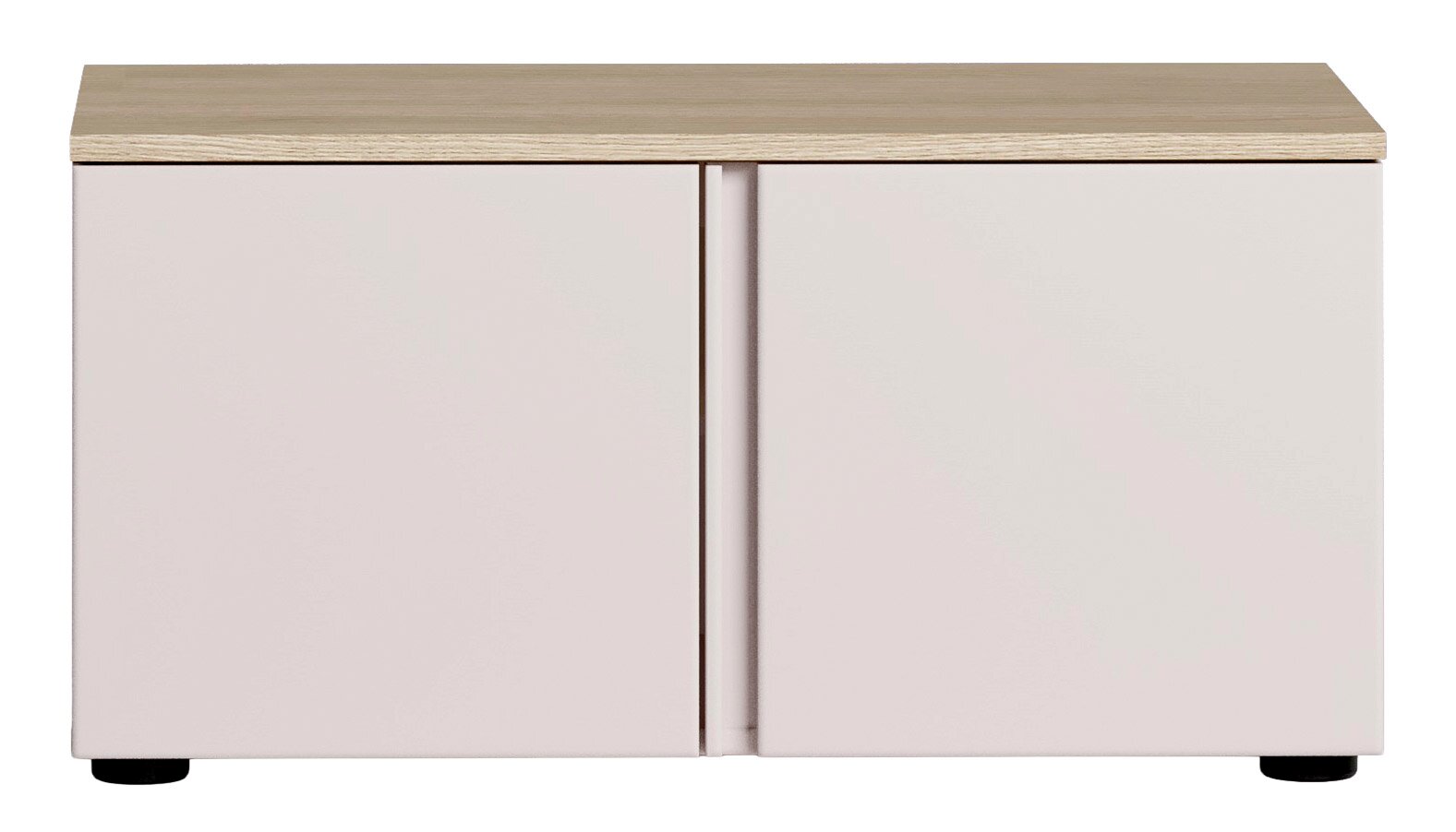 Moderne Bank mit hellem Holzdeckel und zwei weißen Türen, Frontalansicht