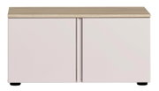 Moderne Bank mit hellem Holzdeckel und zwei weißen Türen, Frontalansicht