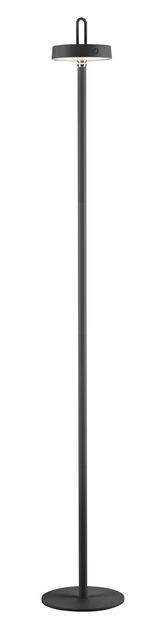Moderne schwarze Stehleuchte AMAG mit rundem Sockel und flachem Lampenschirm, seitliche Perspektive.