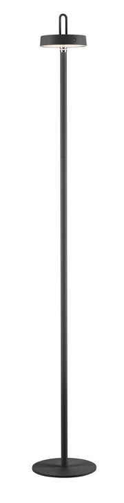 Moderne schwarze Stehleuchte AMAG mit rundem Sockel und flachem Lampenschirm, seitliche Perspektive.