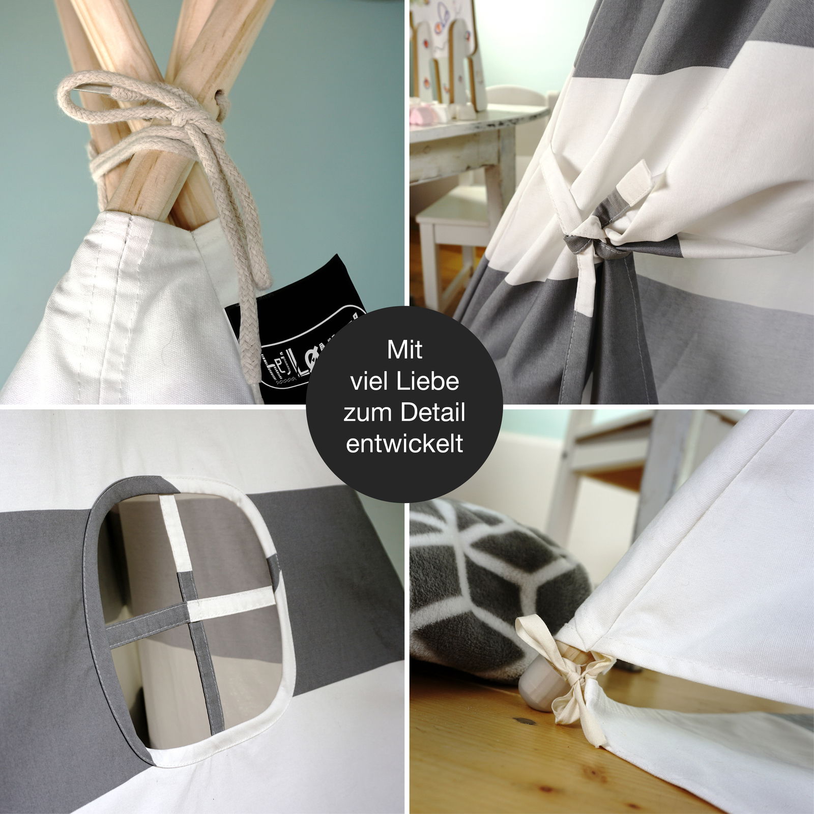 Detailansicht eines grau gestreiften Tipi-Zelts mit liebevoll gestalteten Elementen, wie Kordelbefestigung und Fenster, aus verschiedenen Perspektiven.