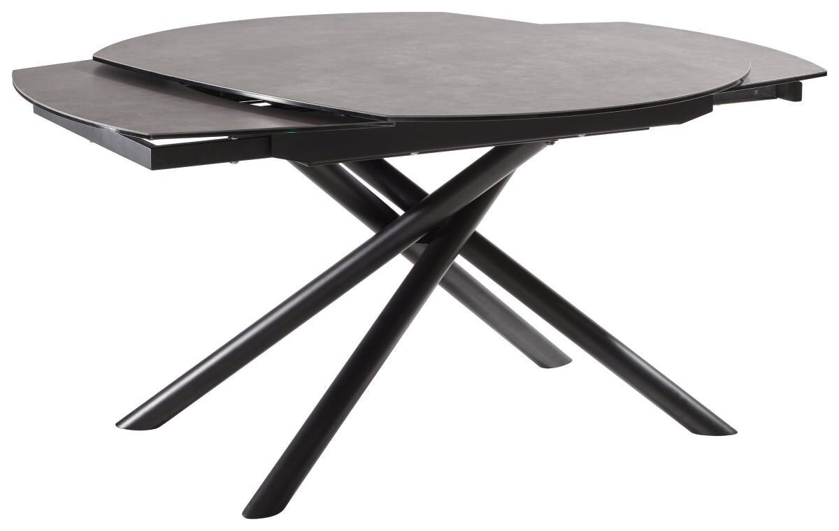 Moderner Esstisch mit runder, dunkler Tischplatte und schräg verlaufenden, schwarzen Beinen, seitliche Perspektive.