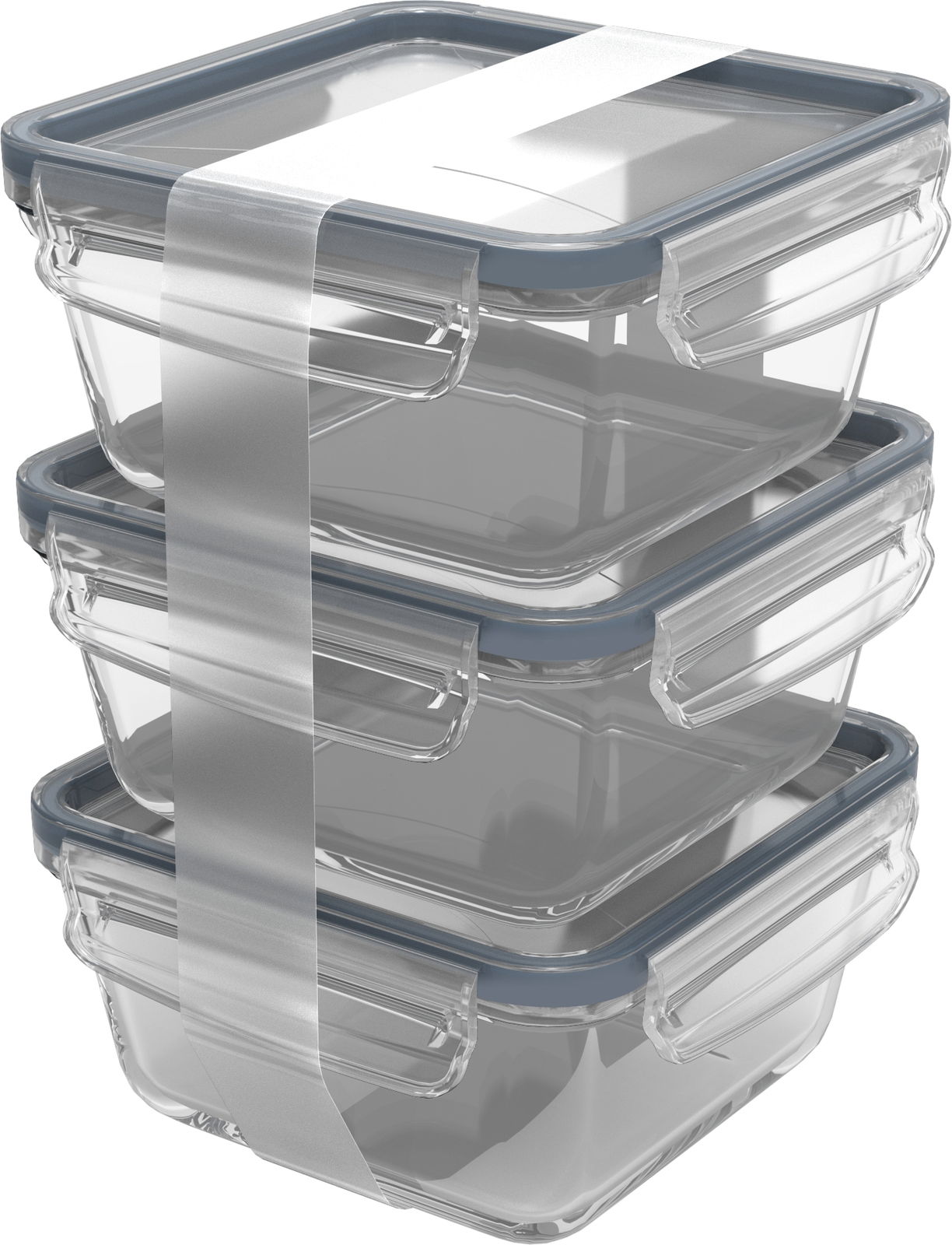 Drei gestapelte Kühlschrankdosen aus Glas mit blauen Deckeln, seitliche Perspektive