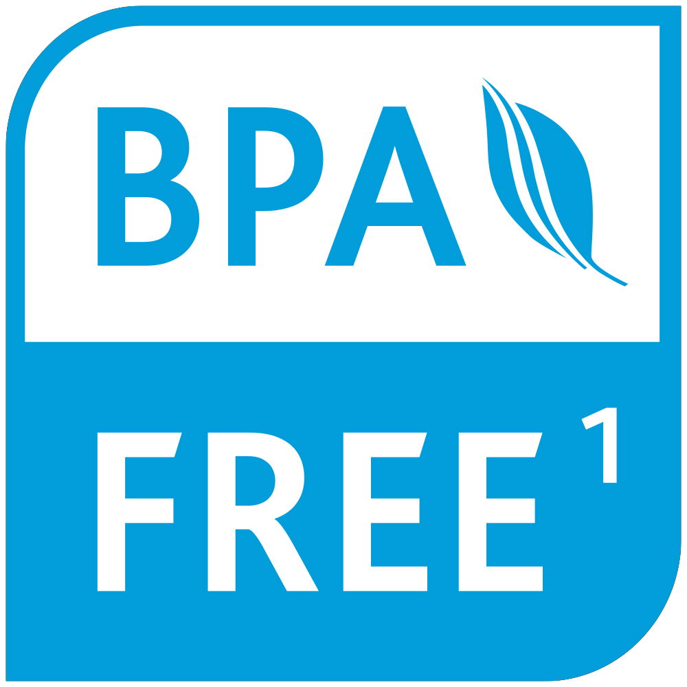 BPA-frei Symbol in blauer Farbe mit Blattmotiv, Vorderansicht