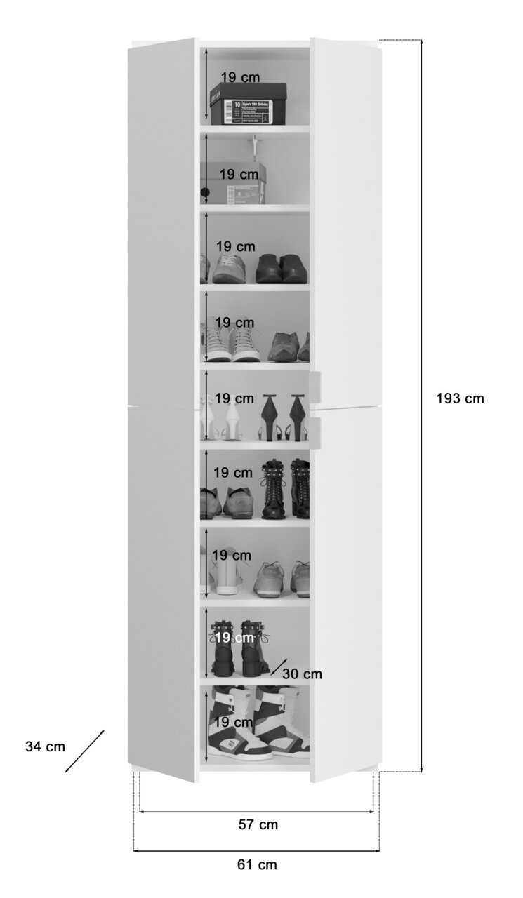 Hochformatige Garderobenkombination mit offenen Türen, zeigt mehrere Regalböden mit Schuhen und Boxen, Gesamtmaße: 193 cm hoch, 61 cm breit, 34 cm tief.
