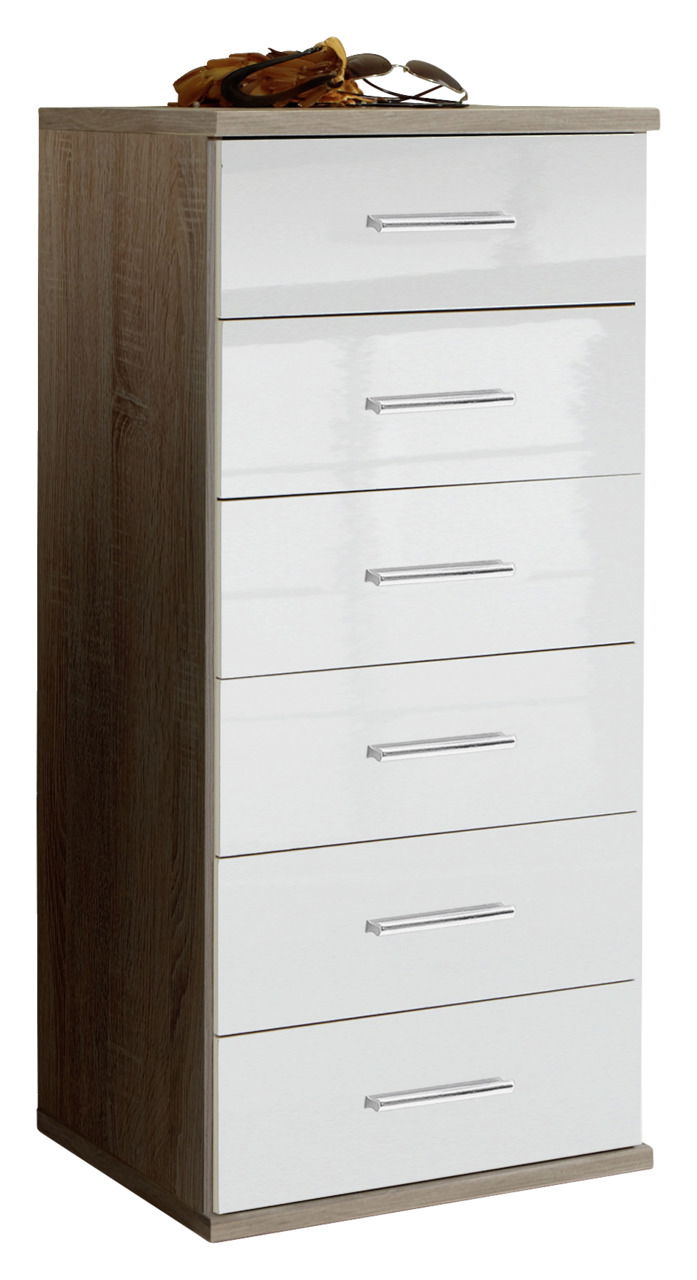 Schubkastenkommode mit sechs weißen Schubladen und Holzseiten, seitliche Perspektive