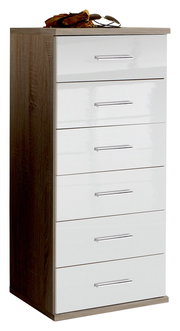 Schubkastenkommode mit sechs weißen Schubladen und Holzseiten, seitliche Perspektive