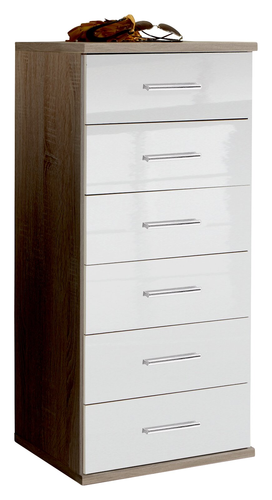 Schubkastenkommode mit sechs weißen Schubladen und Holzseiten, seitliche Perspektive