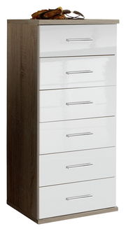 Schubkastenkommode mit sechs weißen Schubladen und Holzseiten, seitliche Perspektive