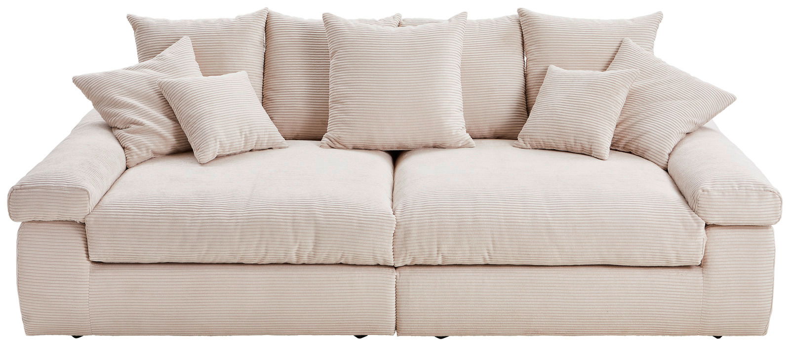 Beiges Big-Sofa mit mehreren Kissen, Vorderansicht