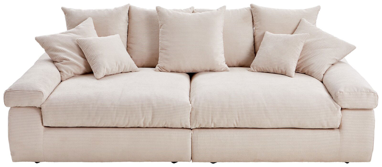 Beiges Big-Sofa mit mehreren Kissen, Vorderansicht