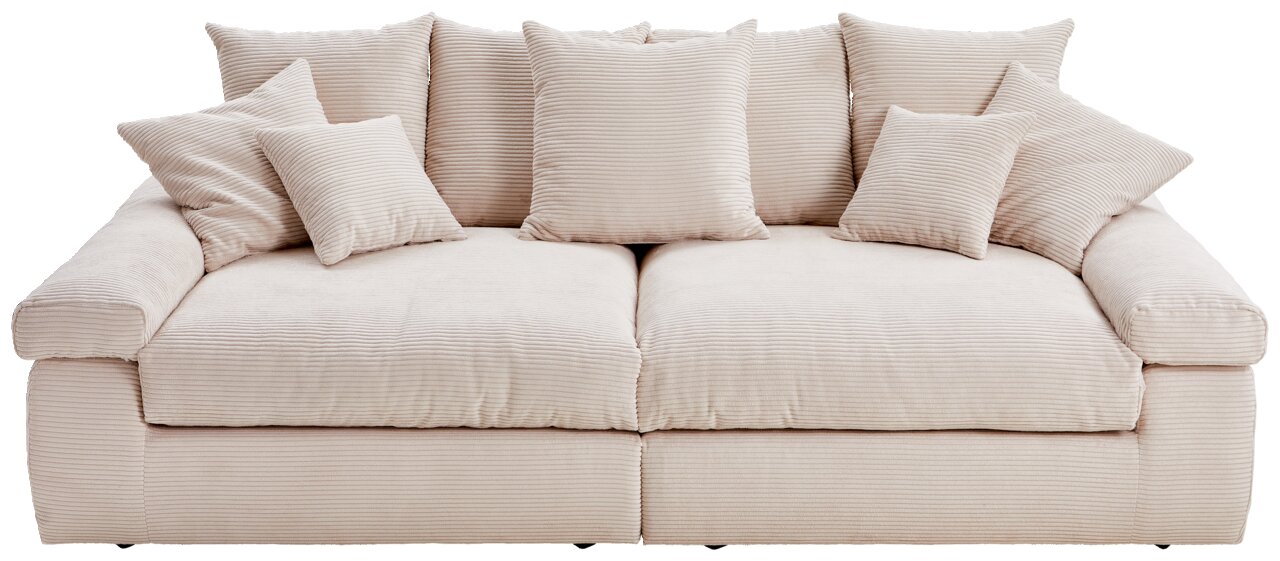 Beige grote bank met meerdere kussens, vooraanzicht