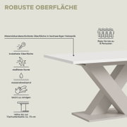 Infografik zu einem modernen Esstisch in heller Holzoptik mit melaminharzbeschichteter, robuster Tischplatte; kratzfest, stoßfeste Kante, wasserabweisend, leicht zu reinigen, Platz für bis zu 8 Personen, Höhe bis Tischunterkante ca. 73 cm – Perspektive: s