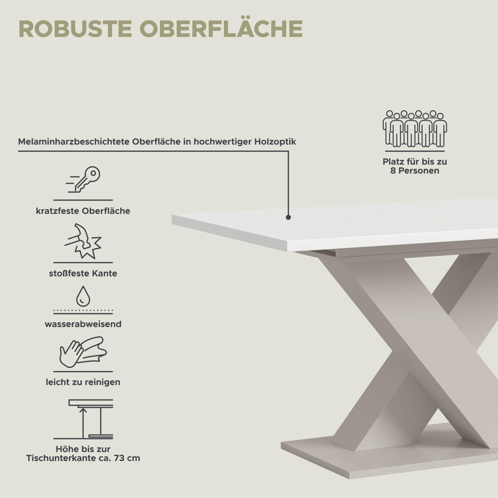Infografik zu einem modernen Esstisch in heller Holzoptik mit melaminharzbeschichteter, robuster Tischplatte; kratzfest, stoßfeste Kante, wasserabweisend, leicht zu reinigen, Platz für bis zu 8 Personen, Höhe bis Tischunterkante ca. 73 cm – Perspektive: s