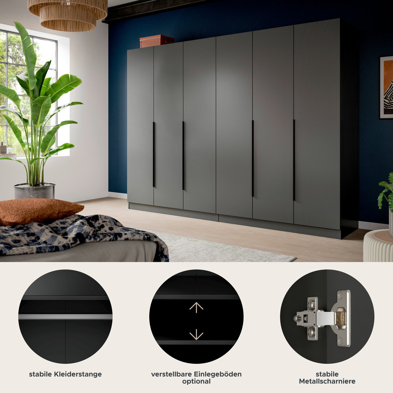 Großer moderner Kleiderschrank in mattem Grau mit sechs Türen und langen schwarzen Griffen im Schlafzimmer, frontale Perspektive; Detailhinweise auf stabile Kleiderstange, optional verstellbare Einlegeböden und stabile Metallscharniere.