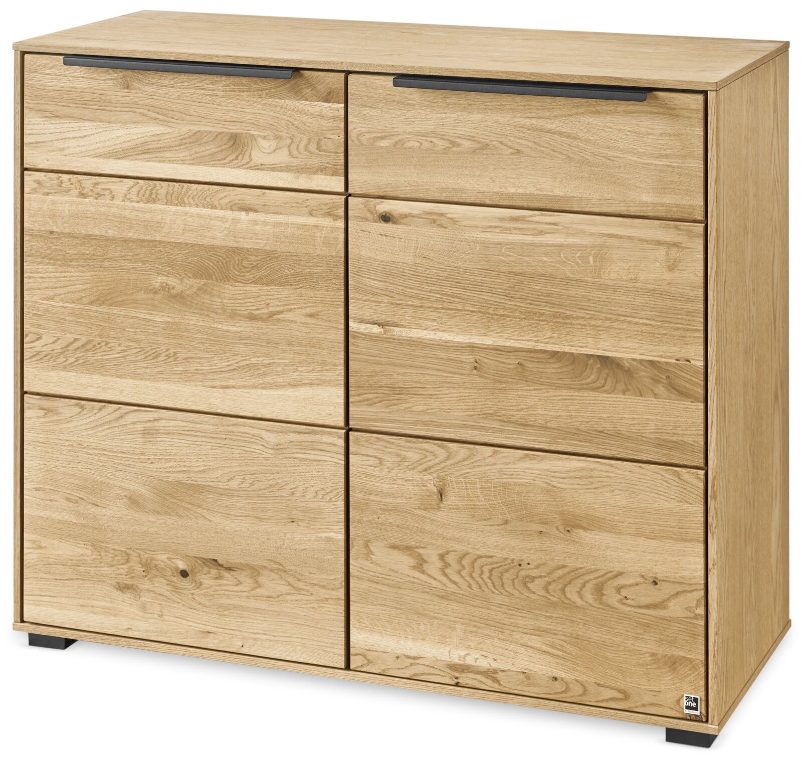 Set one by Musterring Sideboard SET ONE JACKSON Holzkommode in Eiche-Optik mit sechs Schubladen und schwarzen Griffleisten, freigestellt auf weißem Hintergrund, Ansicht schräg von vorne (leicht von oben)