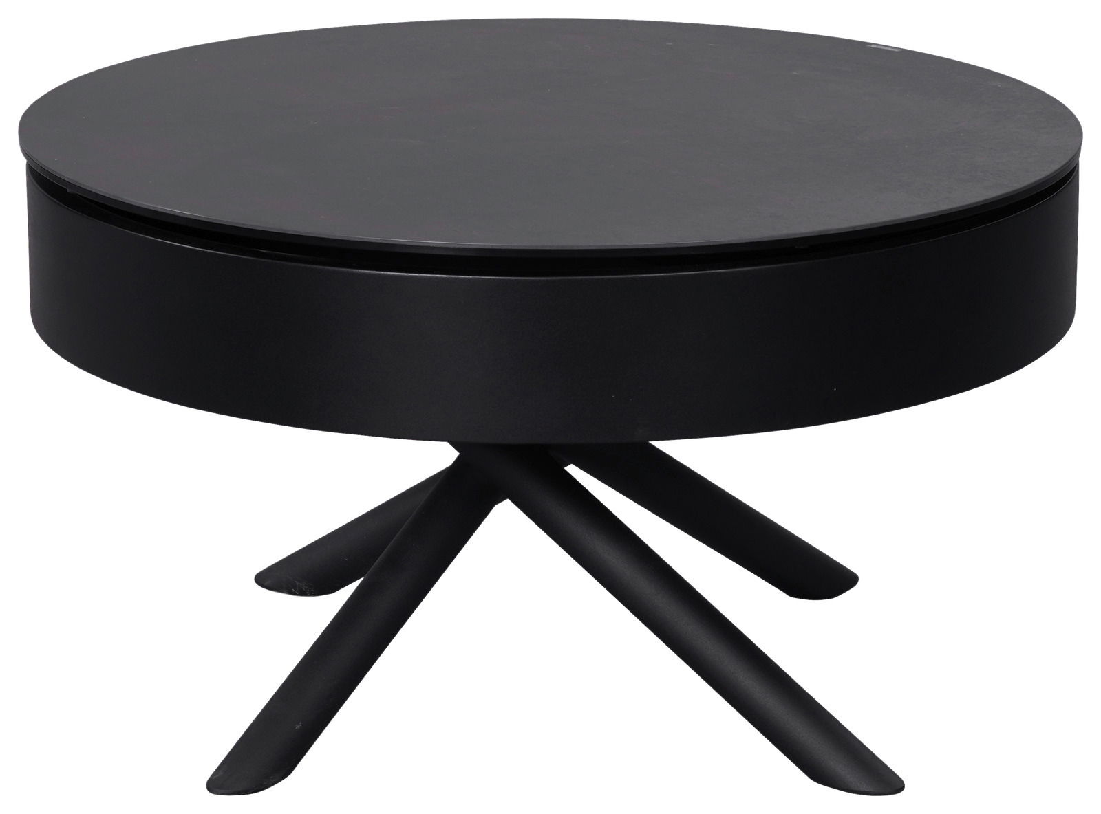 Moderner schwarzer Couchtisch mit runder Tischplatte und vier schräg gestellten Beinen, seitliche Perspektive