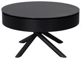 Moderner schwarzer Couchtisch mit runder Tischplatte und vier schräg gestellten Beinen, seitliche Perspektive