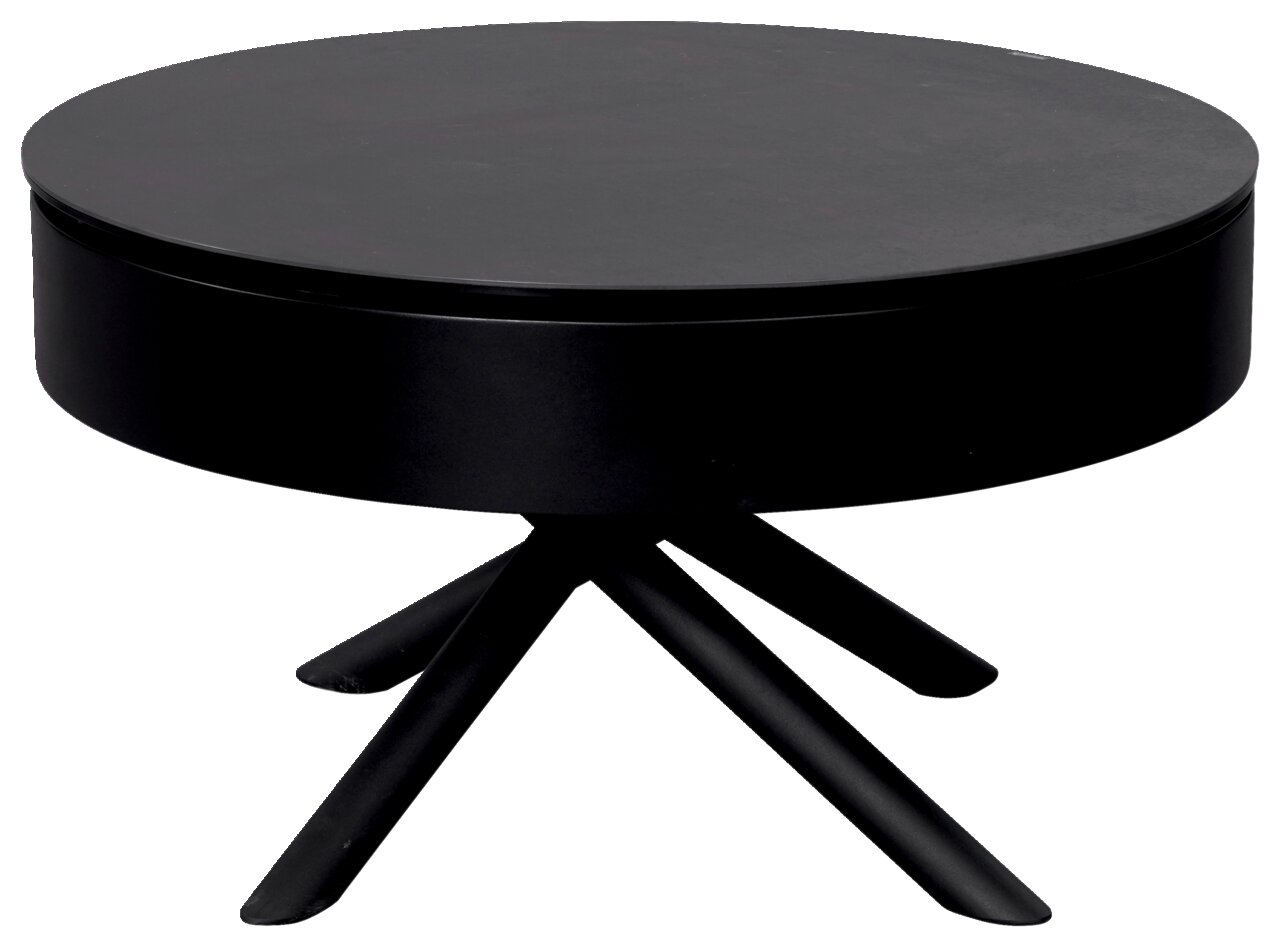 Moderner schwarzer Couchtisch mit runder Tischplatte und vier schräg gestellten Beinen, seitliche Perspektive