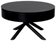 Moderner schwarzer Couchtisch mit runder Tischplatte und vier schräg gestellten Beinen, seitliche Perspektive