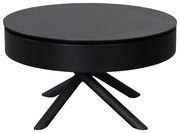 Moderner schwarzer Couchtisch mit runder Tischplatte und vier schräg gestellten Beinen, seitliche Perspektive
