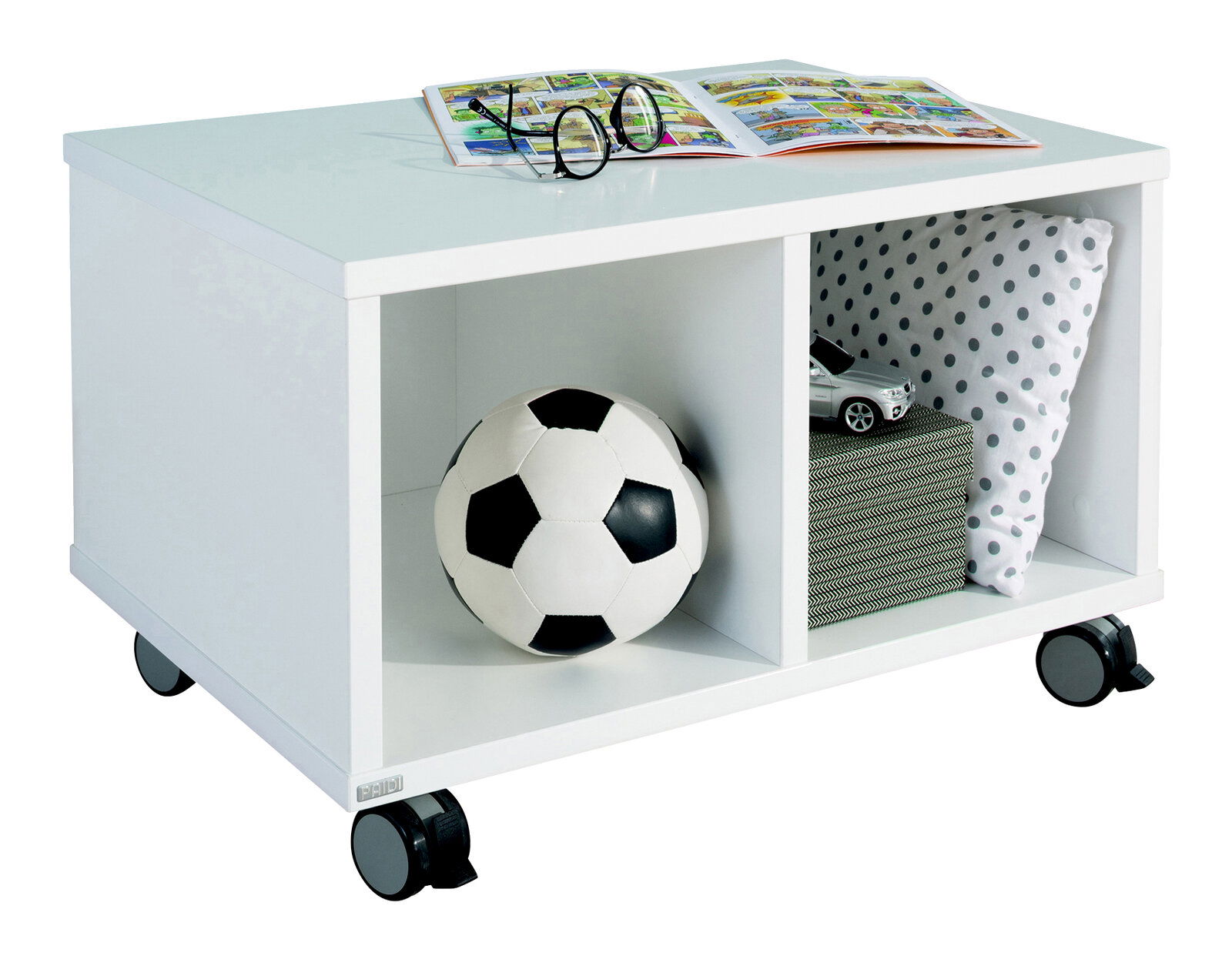 Weißes Rollregal mit zwei Fächern, gefüllt mit einem Fußball, einem Kissen und einem Spielzeugauto, seitliche Perspektive