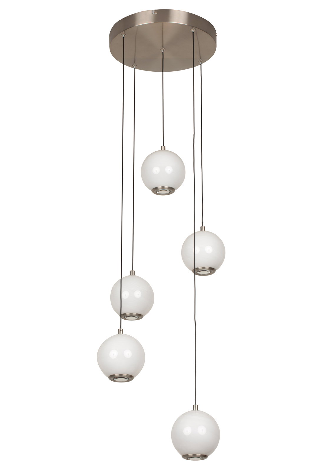 Moderne LED-Hängeleuchte mit fünf kugelförmigen, weißen Lampenschirmen, aufgehängt an einem runden, metallischen Baldachin. Ansicht von unten.
