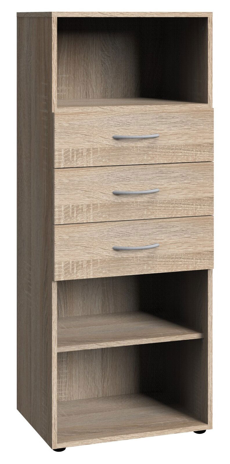 Holzregal mit drei Schubladen und zwei offenen Fächern, frontale Ansicht