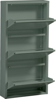 Grauer Metall-Schuhschrank mit drei nach vorne aufgeklappten Klappen und sichtbaren Innenfächern, frontal in leichter Seitenperspektive von links fotografiert