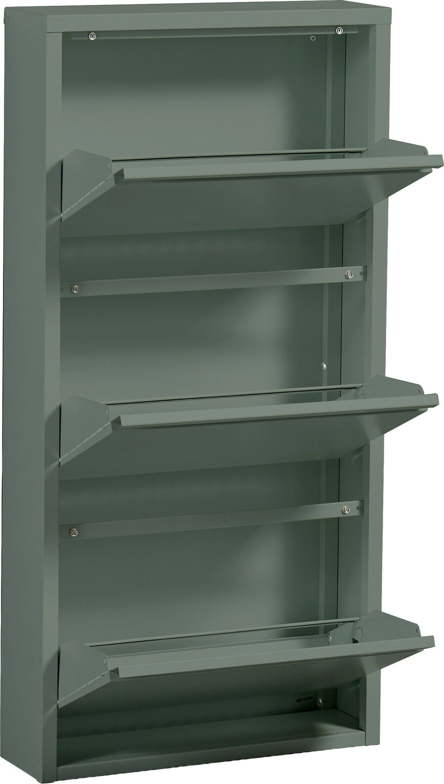 Grauer Metall-Schuhschrank mit drei nach vorne aufgeklappten Klappen und sichtbaren Innenfächern, frontal in leichter Seitenperspektive von links fotografiert